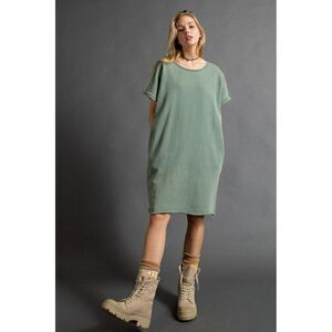 Easel Oversized Mineral Washed Terry Boxy Dress in Juniper Green New S-L ED21953
